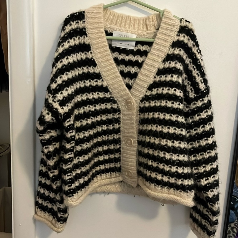 Zara Black and Cream Striped Wool Cardigan Sweater